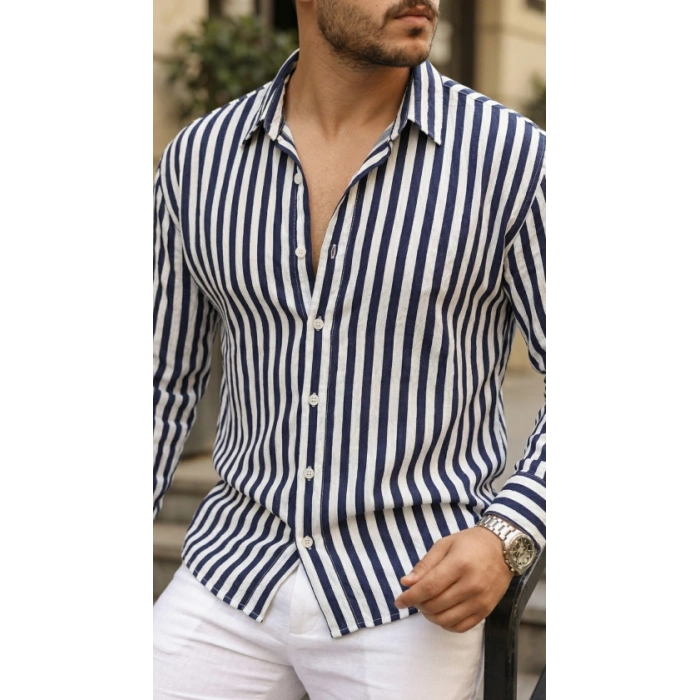 Erkek Dikey Çizgili Yarım Oversize Gömlek