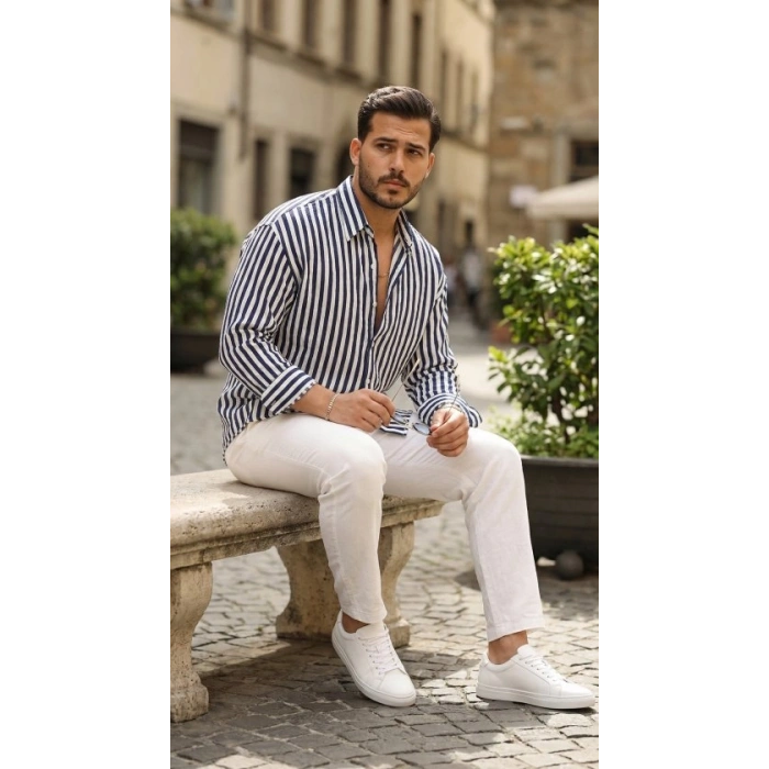 Erkek Dikey Çizgili Yarım Oversize Gömlek