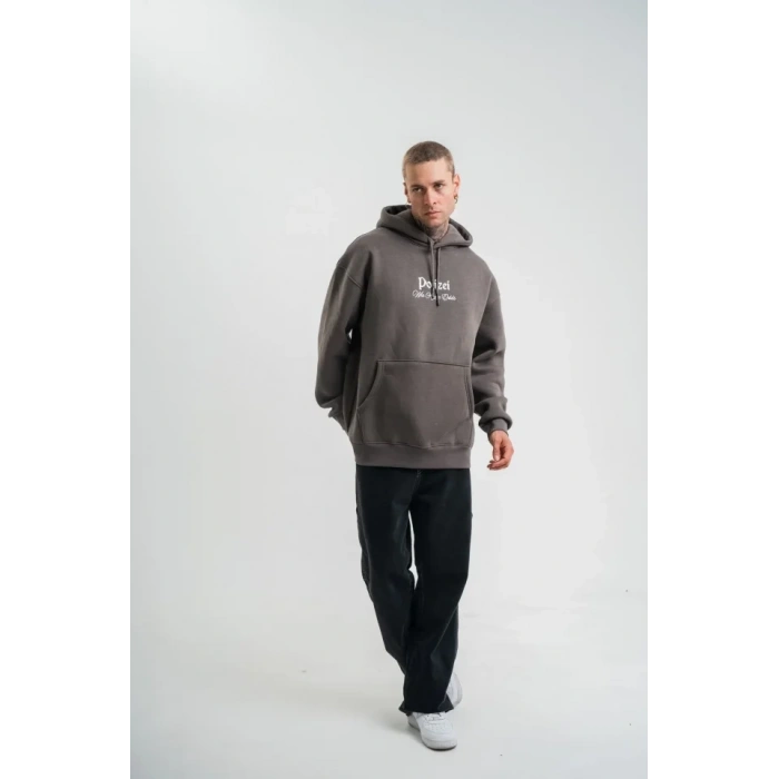 Erkek Double Oversize Kapüşonlu Sweatshirt 3 İplik Pamuklu Göğüs Nakışlı Premium Kalite – Antrasit