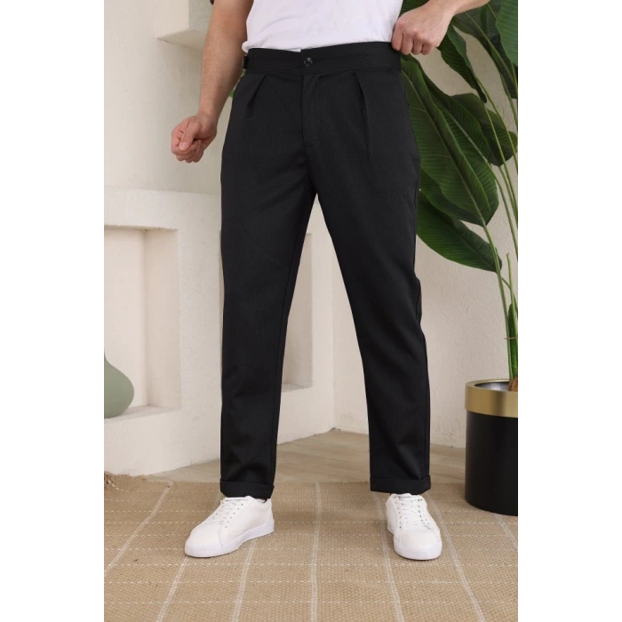 Erkek Duble Paça Yandan Tokalı Cord Desenli Old Money Pantolon