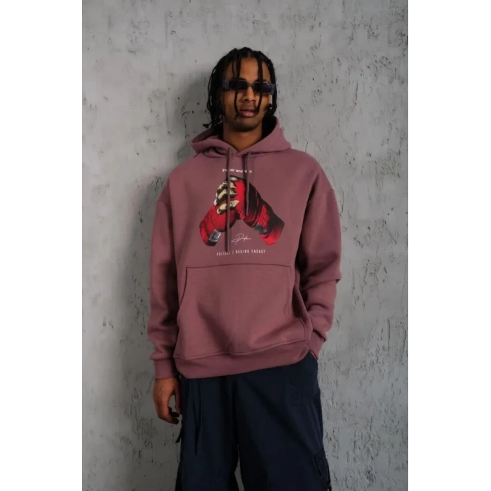 Erkek Eldiven Baskılı Kapüşonlu Sweat - Gül Kurusu