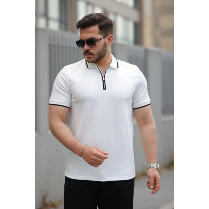 Erkek Fermuar Yakalı çizgi Detaylı Kısa Kollu Tişört