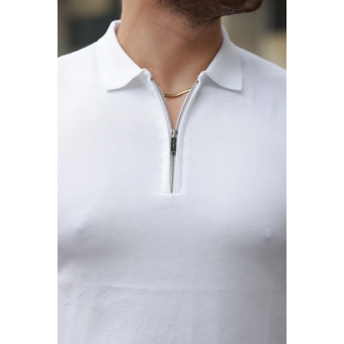 Erkek Fermuar Yakalı Kolları Desenli Kısa Kollu Tişört