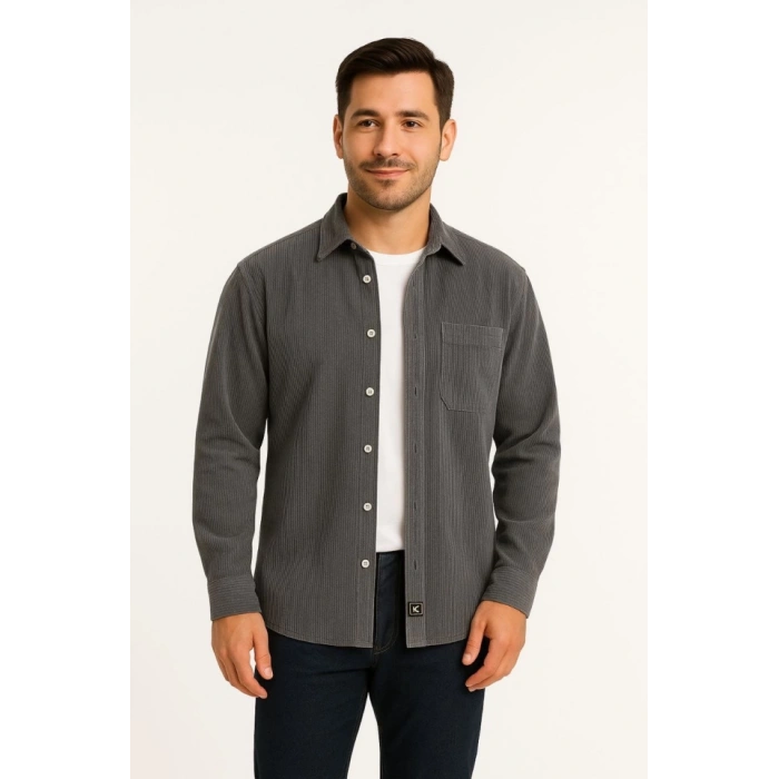 Erkek Fitilli Kadife Cepli Gömlek Oversize Rahat Kalıp - Füme