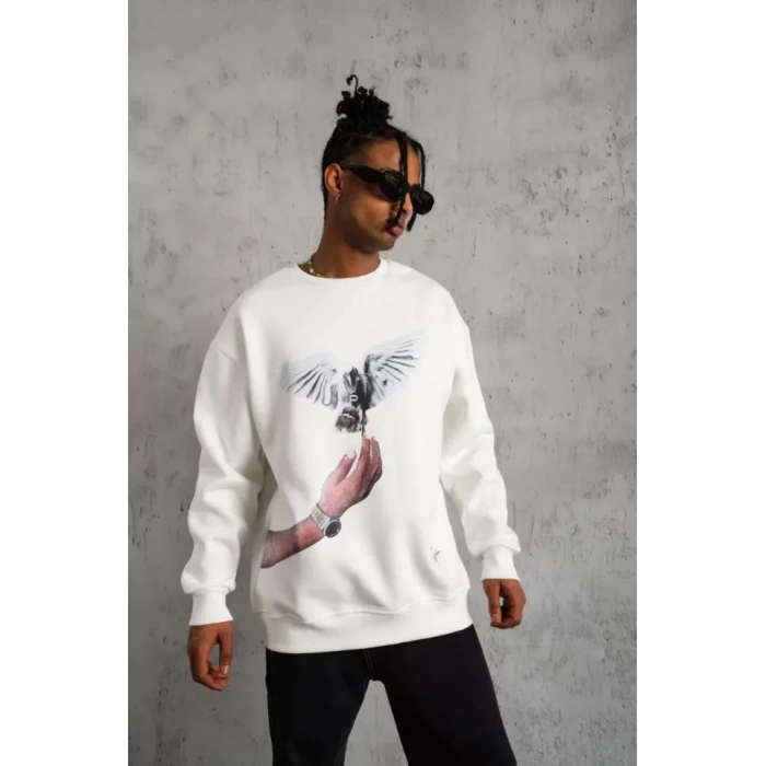Erkek Güvercin Baskılı Sweatshirt - Beyaz