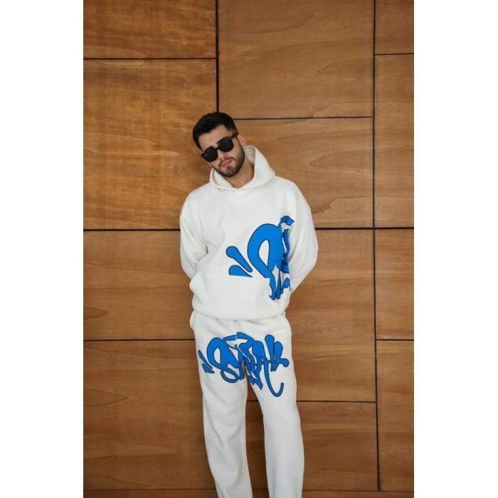Erkek Kapüşonlu Eşofman Takım Graffiti Baskılı  Oversize Rahat Kalıp, Kanguru Cepli, Streetwear Tarzında Premium Ürün 3 Iplik Pamuklu - Beyaz