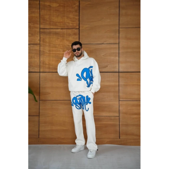 Erkek Kapüşonlu Eşofman Takım Graffiti Baskılı  Oversize Rahat Kalıp, Kanguru Cepli, Streetwear Tarzında Premium Ürün 3 Iplik Pamuklu - Beyaz