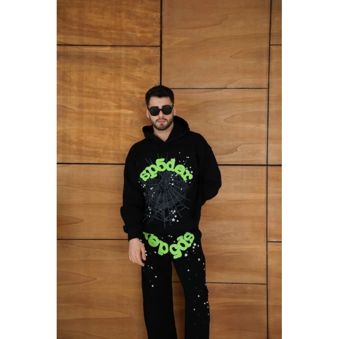 Erkek Kapüşonlu Eşofman Takım Örümcek Ağı Ve Neon Yeşil Baskılı Kanguru Cepli Oversize Rahat Kalıp, Premium Üç İplik Kumaş - Siyah