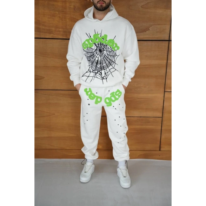 Erkek Kapüşonlu Eşofman Takım Örümcek Ağı Ve Neon Yeşil Baskılı Kanguru Cepli Oversize Rahat Kalıp, Premium Üç İplik Kumaş - Beyaz