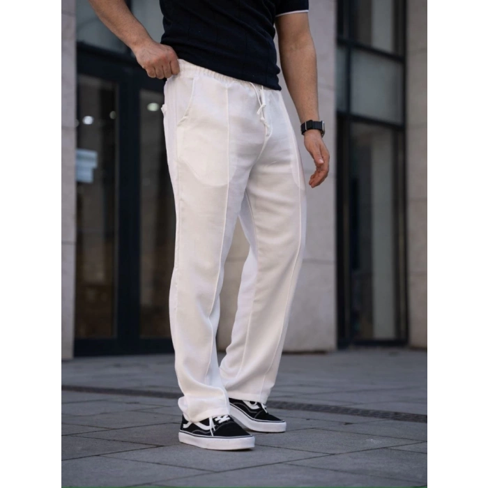 Erkek Keten Cepli Çıma Dikişli Jogger Buggy Pantalon Rahat Kalıp - Beyaz
