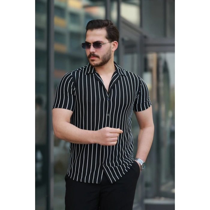 Erkek Kısa Kollu Beyaz çizgi Desenli örme Kumaş Pamuklu Gömlek