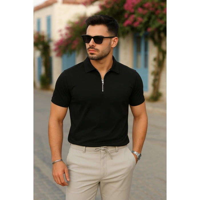 Erkek Kısa Kollu Yakalı önden Fermuarlı Viskon Iki Iplik Bluz