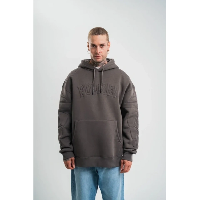 Erkek Nakış İşlemeli Kapşonlu Antrasit Sweatshirt Üç İplik Double Oversize- Füme