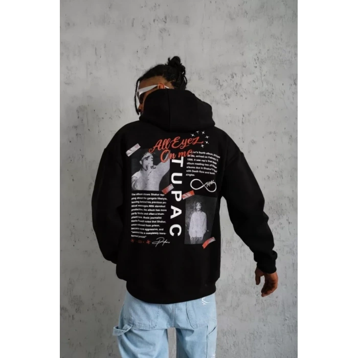 Erkek Ön Arka Baskılı Kapşonlu Sweat - Siyah