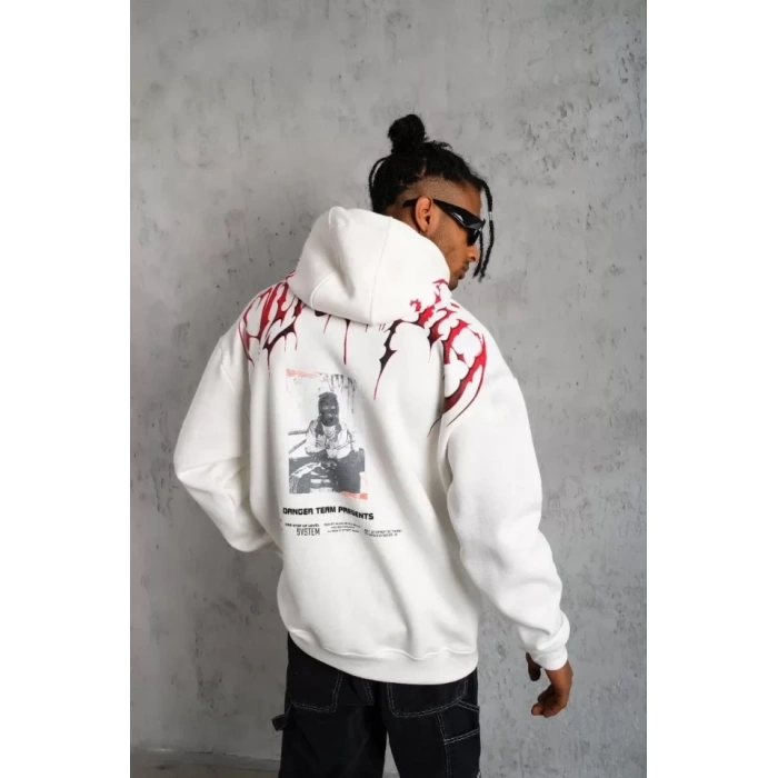 Erkek Ön Ve Arka Baskılı Kapüşonlu 3 İplik Sweatshirt - Beyaz