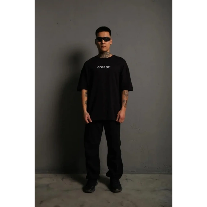 Erkek Oversize Baskılı Tişört – Golf GTI Retro Araba Desenli, Ön - Arka Dijital Baskı, Sokak Modası Stil - Siyah