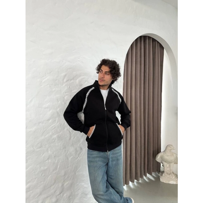 Erkek Oversize Dik Yaka Fermuarlı Sweatshirt - Zincir Nakışli Kanguru Cepli - Siyah