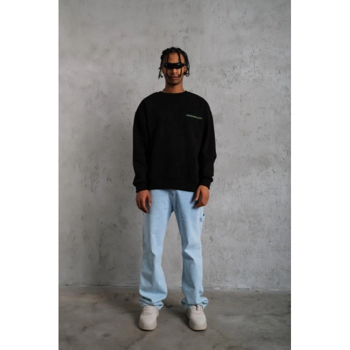 Erkek Oversize Sweatshirt – Siyah Renk  Ön Ve Sırt Baskılı, Üç İplik İçi Pamuklu Kumaş, Rahat Kalıp, Ribanalı Kışlık Sweat  Winagain Polizei Serisi - Siyah