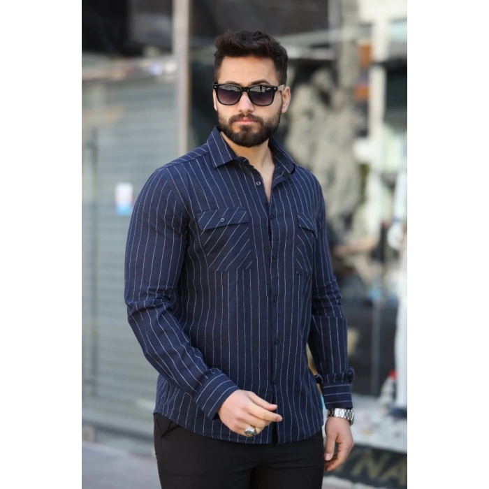 Erkek Pamuklu Çizgi Desenli Cep Detaylı Gömlek