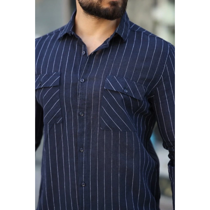 Erkek Pamuklu Çizgi Desenli Cep Detaylı Gömlek