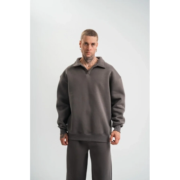 Erkek Patlı Yaka Üç İplik Pamuklu Sweatshirt Double Oversize Rahat Kalıp Günlük Kullanım - Füme