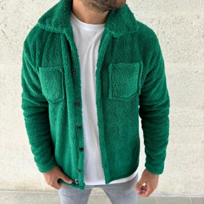 Erkek Pelüş Polar Hırka Gömlek – Yakalı, İlik Düğmeli, Göğüs Cepli, Yumuşak Dokulu Kışlık Regular Fit Rahat Günlük Model - Çimen Yeşili