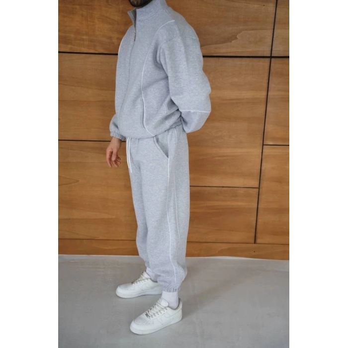 Erkek Premium Parçalı Eşofman Takım - Dik Yaka Fermuarlı Biyeli Sweatshirt Lastik Paça Alt, Oversize 3 Iplik Şardonlu - Gri