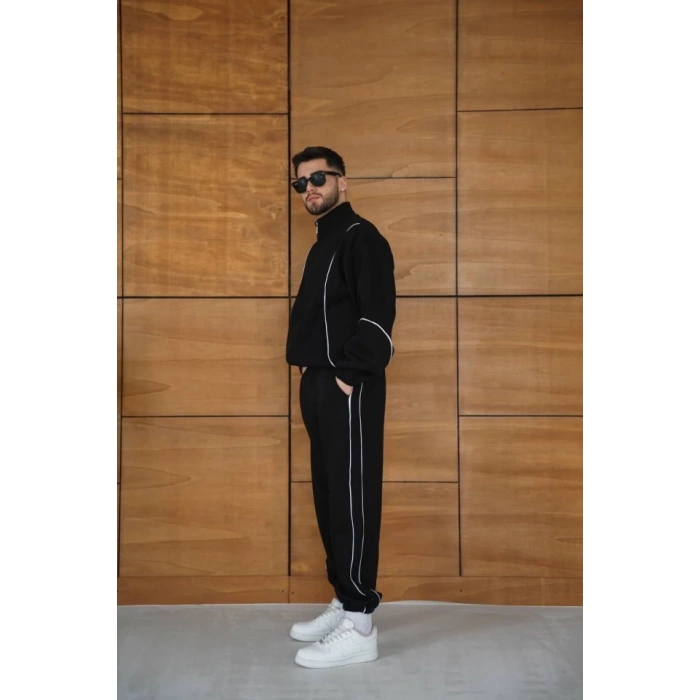Erkek Premium Parçalı Eşofman Takım - Dik Yaka Fermuarlı Biyeli Sweatshirt Lastik Paça Alt, Oversize 3 Iplik Şardonlu - Siyah