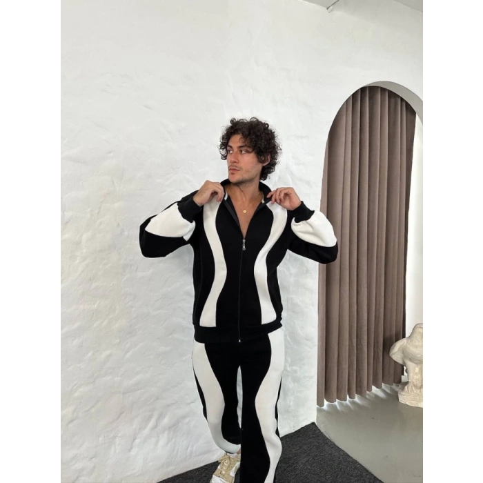 Erkek Premium Parçalı Eşofman Takım - Dik Yaka Fermuarlı Sweatshirt, - Siyah