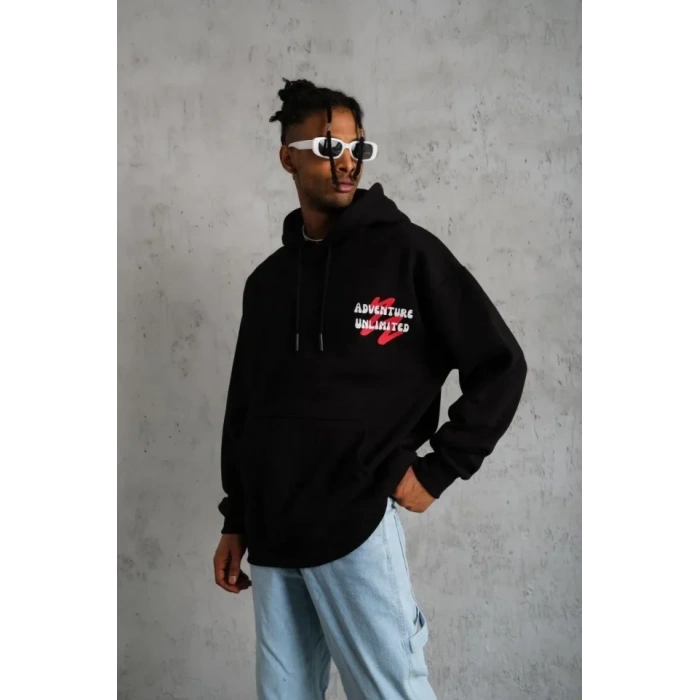 Erkek Şapkalı Güvercin Baskılı Kapşonlu Sweat - Siyah