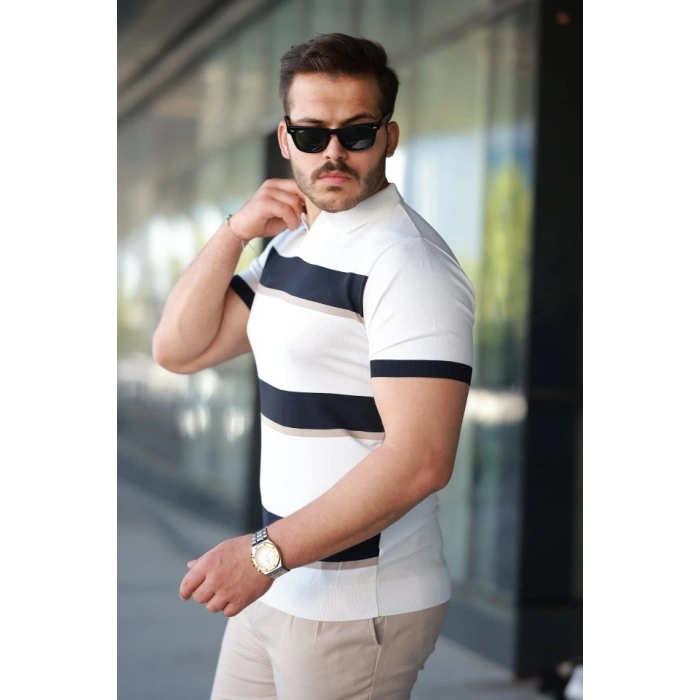 Erkek şerit Desenli Hemşire Yaka Kısa Kollu Tişört