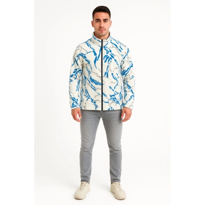 Erkek Tam Fermuarlı Desenli Polar Sweat  Lightning Desen Yakalı, Uzun Kollu, Oversize Rahat Kalıp - Beyaz