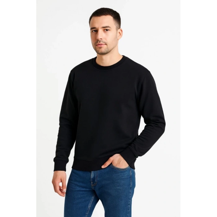 Erkek Üç İplik Düz Bisiklet Yaka SweatShirt - Siyah