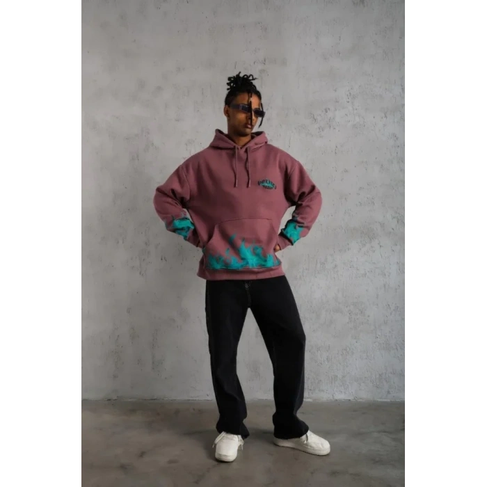 Erkek Üç İplik Içi Pamuklu Alev Baskılı Kapüşonlu Sweatshirt - Gül Kurusu