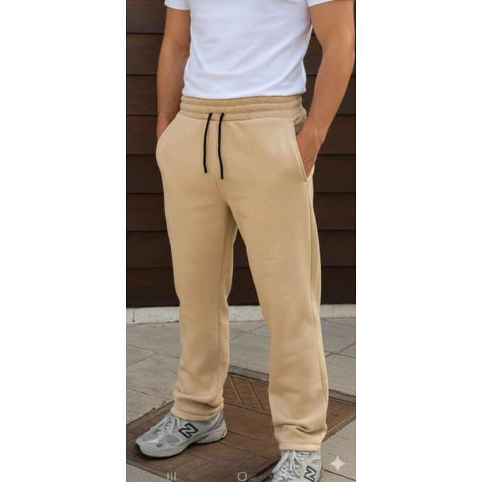 Erkek Üç Iplik Kışlık Pamuklu Ovarsize Bağcıklı Düz Paça Cepli Eşofman Altı Spor Rahat Model - Bej