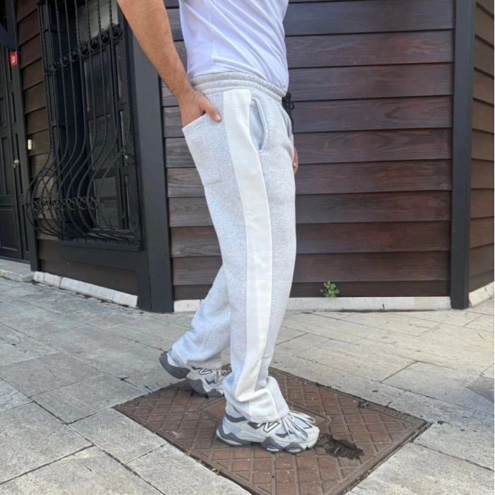 Erkek Üç İplik Kışlık Pamuklu Yandan Garneli Kalın Bej Şeritli Cepli Eşofman Altı - Gri