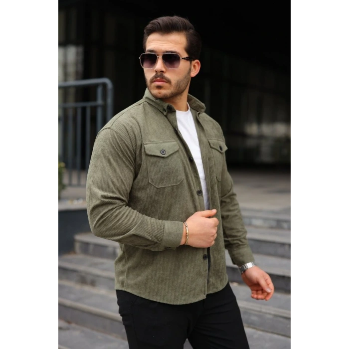 Erkek Uzun Kollu Cepli Kadife Gömlek