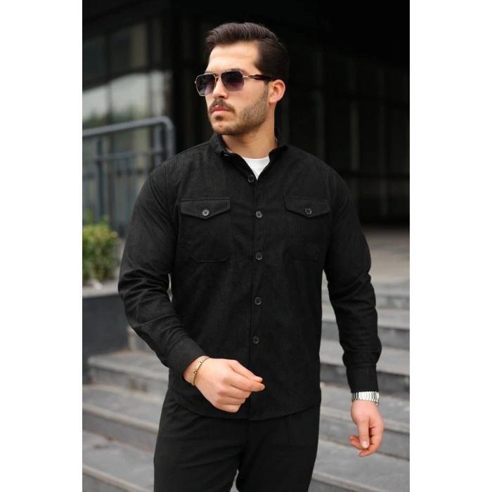 Erkek Uzun Kollu Cepli Kadife Gömlek