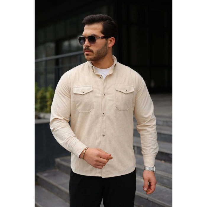 Erkek Uzun Kollu Cepli Kadife Gömlek