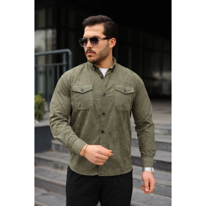Erkek Uzun Kollu Cepli Kadife Gömlek