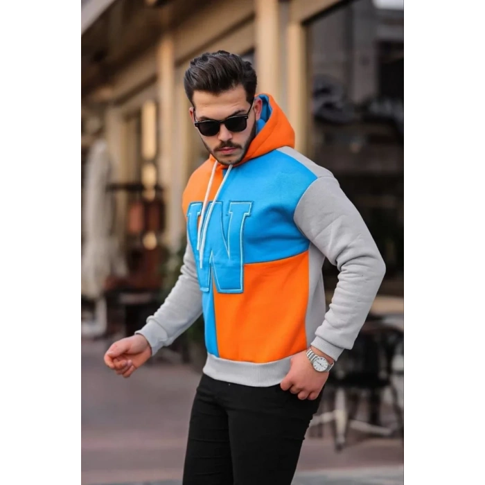 Erkek W Nakış İşlemeli Kapüşonlu Sweatshirt - Mavi