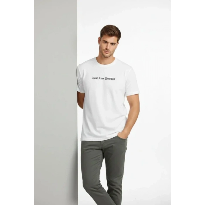 Erkek Wafıl Kumaş Tişört Regular Kalıp Bisiklet Yaka Baskılı Günlük Basic T-Shirt - Beyaz