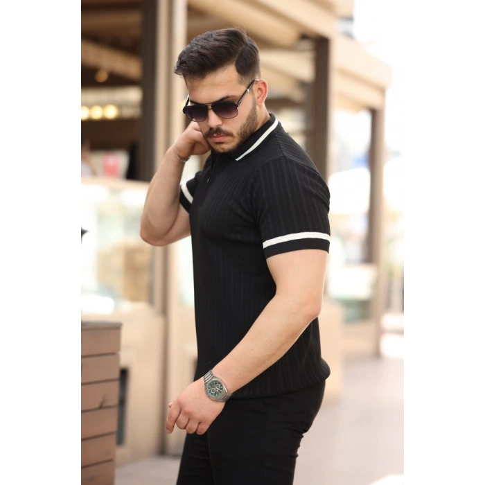 Erkek Yaka Ve Kolları çizgi Detaylı Fermuarlı Kısa Kollu T-shirt