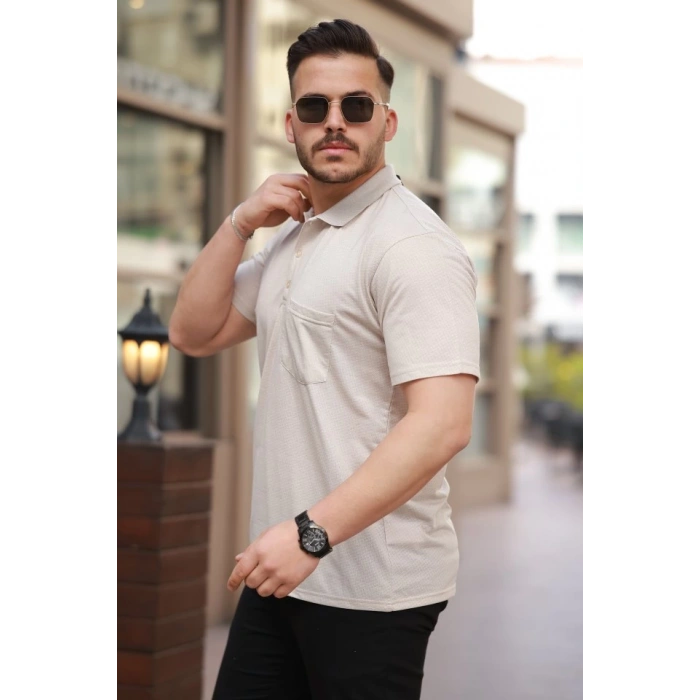 Erkek Yakalı Mini Jakarlı Kısa Kollu T-shirt