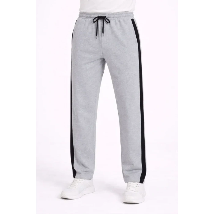 Erkek Yandan Şeritli Boru Paça Eşofman Altı 3 Iplik Pamuklu Eşofman - Gri