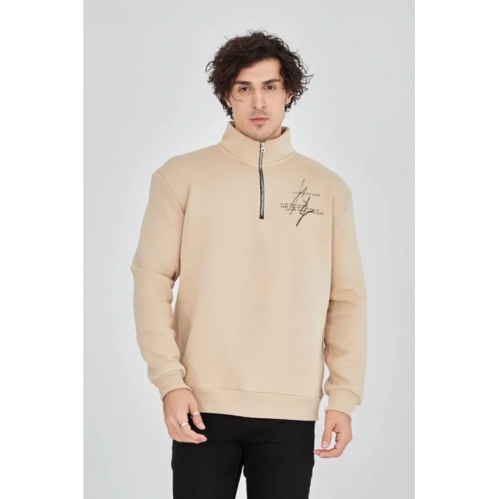 Erkek Yarım Fermuarlı Baskılı Sweat - Bej