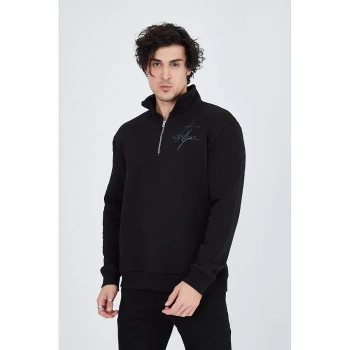 Erkek Yarım Fermuarlı Baskılı Sweat - Siyah