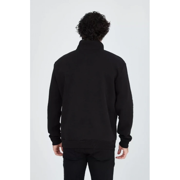 Erkek Yarım Fermuarlı Baskılı Sweat - Siyah