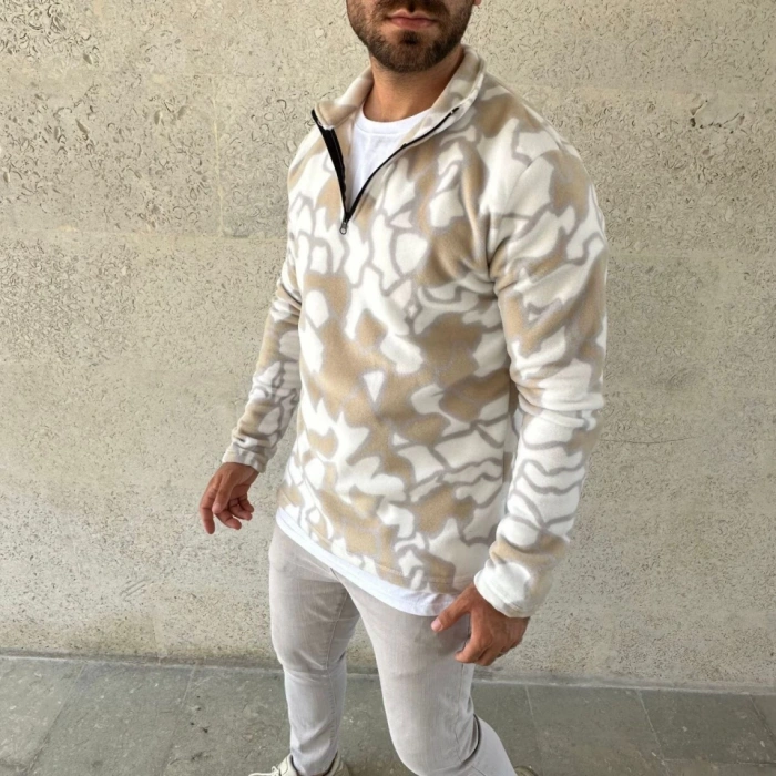 Erkek Yarım Fermuarlı Desenli Polar Sweat Yakalı, Uzun Kollu, Oversize Rahat Kalıp - Bej