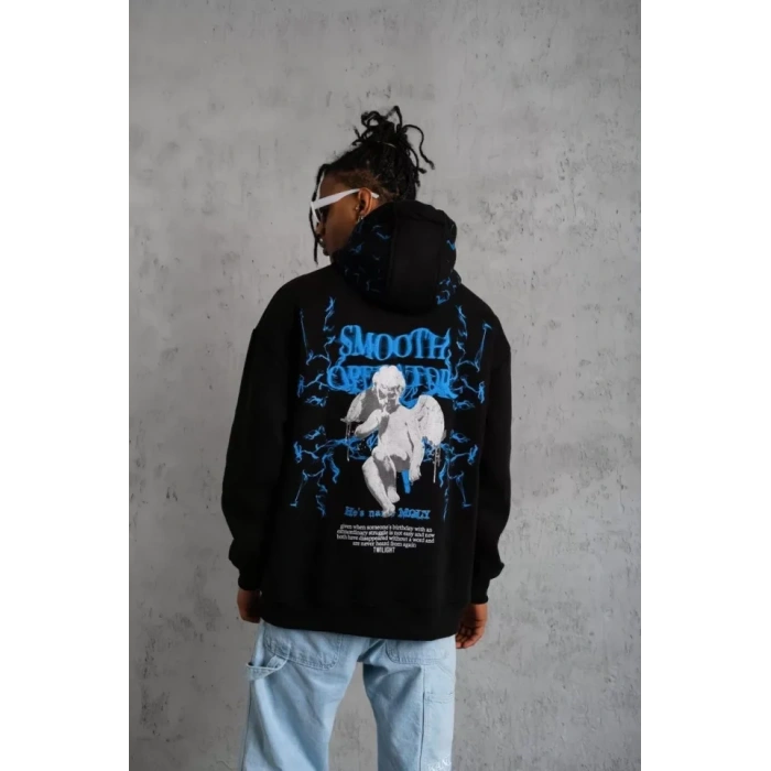 Erkek Yıldırım Baskılı Kapşonlu Sweat - Siyah